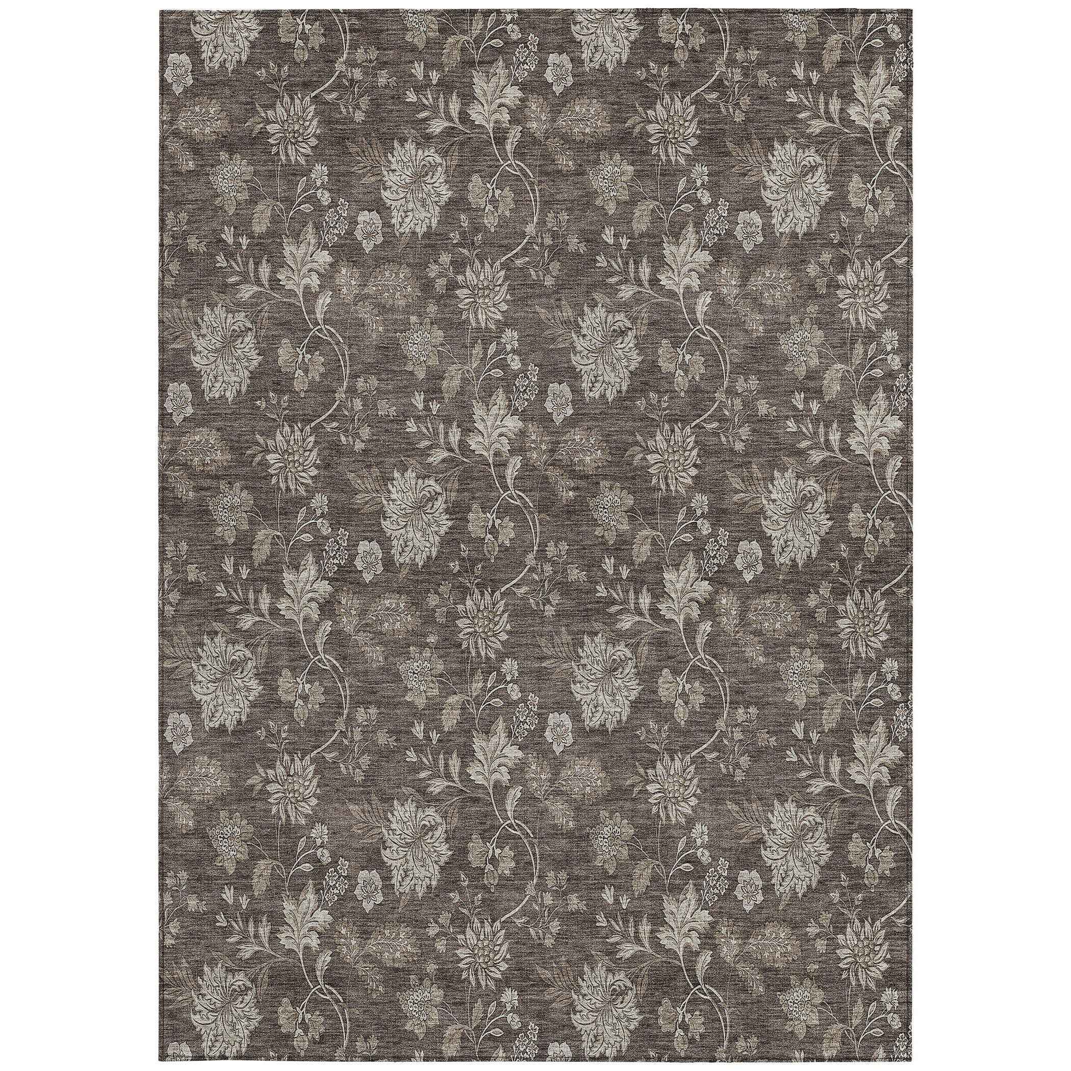 3' X 5' Chocolate Beige And Taupe Floral Washable Indoor Outdoor Area Rug