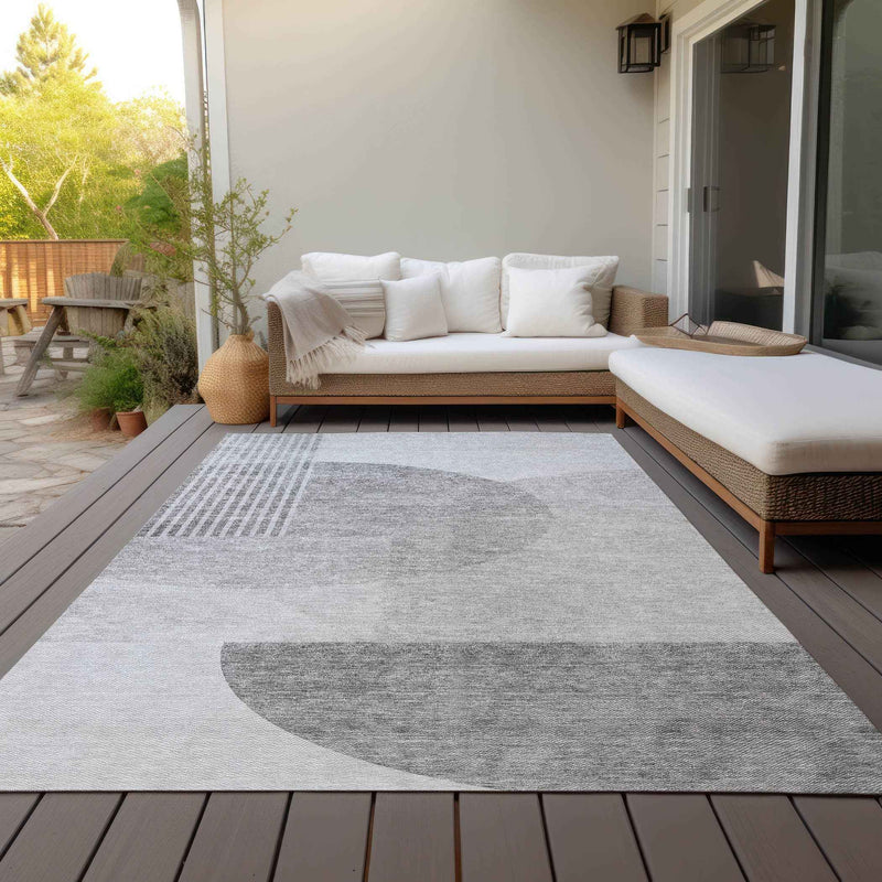 9' X 12' Gray Silver And Ivory Geometric Washable Indoor Outdoor Area Rug