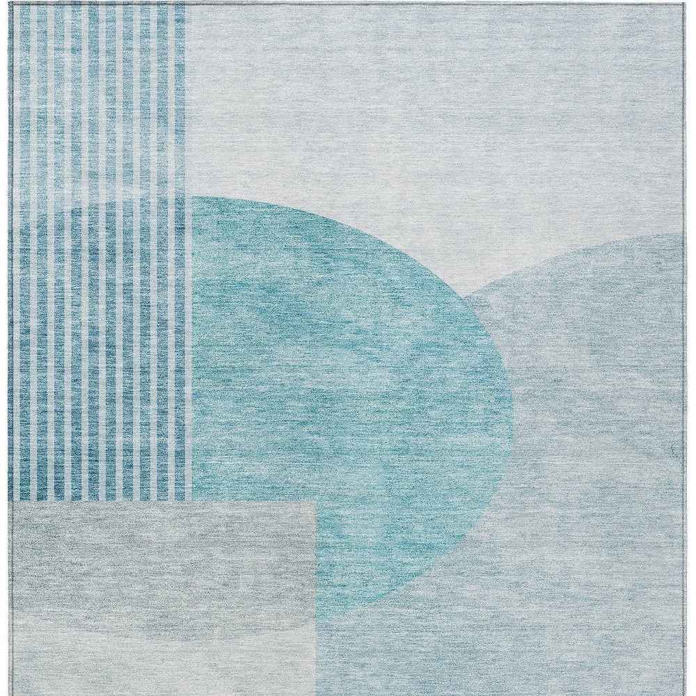 10' X 14' Teal Blue And Silver Geometric Washable Indoor Outdoor Area Rug