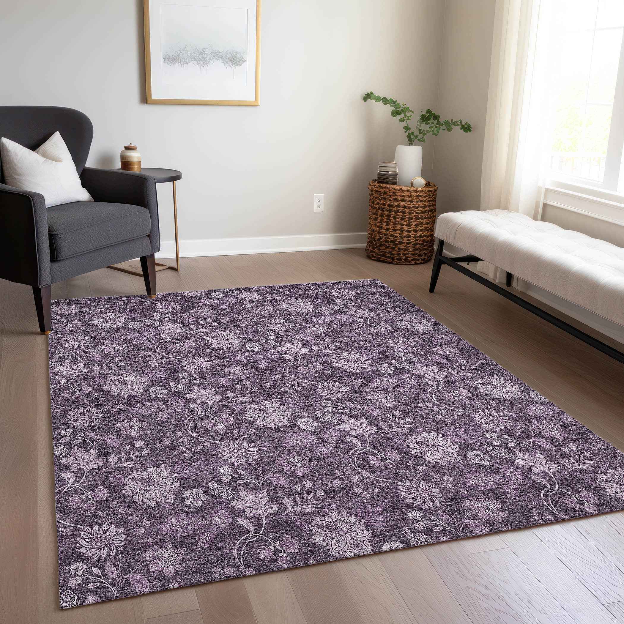 5' X 8' Plum Purple And Lavender Floral Washable Indoor Outdoor Area Rug