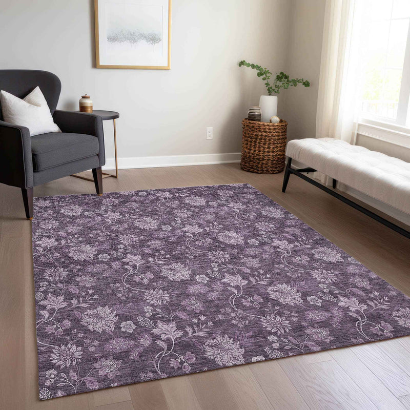 5' X 8' Plum Purple And Lavender Floral Washable Indoor Outdoor Area Rug