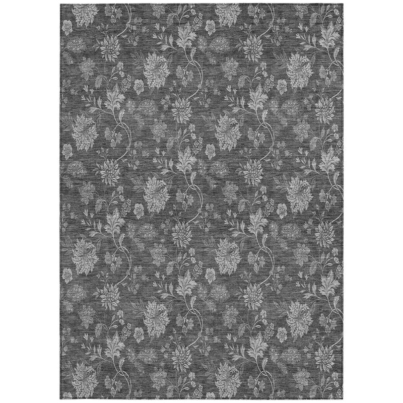 3' X 5' Gray Charcoal And Silver Floral Washable Indoor Outdoor Area Rug