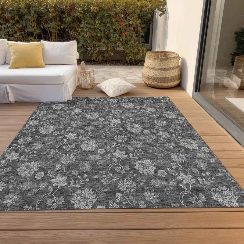 3' X 5' Gray Charcoal And Silver Floral Washable Indoor Outdoor Area Rug