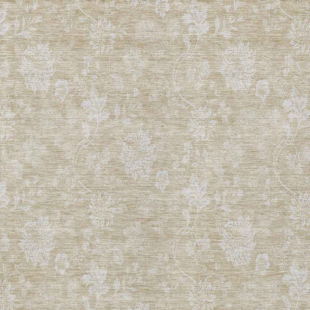 8' X 10' Beige Tan And Ivory Floral Washable Indoor Outdoor Area Rug