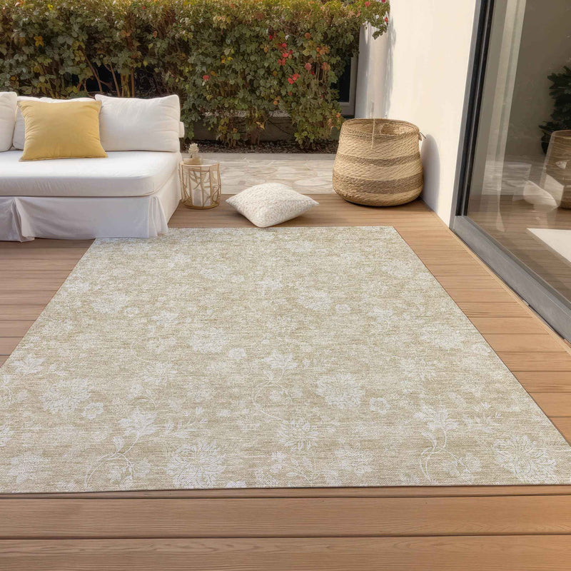 8' X 10' Beige Tan And Ivory Floral Washable Indoor Outdoor Area Rug