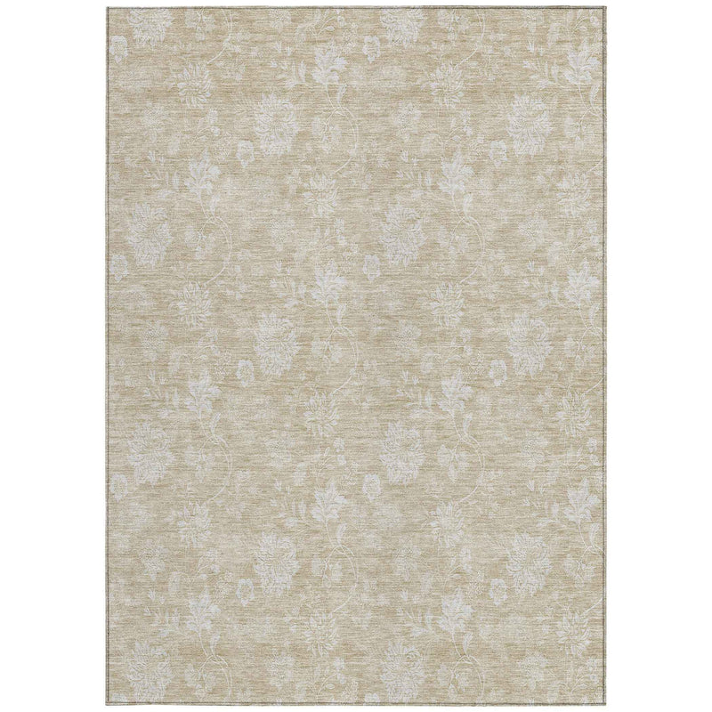 8' X 10' Beige Tan And Ivory Floral Washable Indoor Outdoor Area Rug