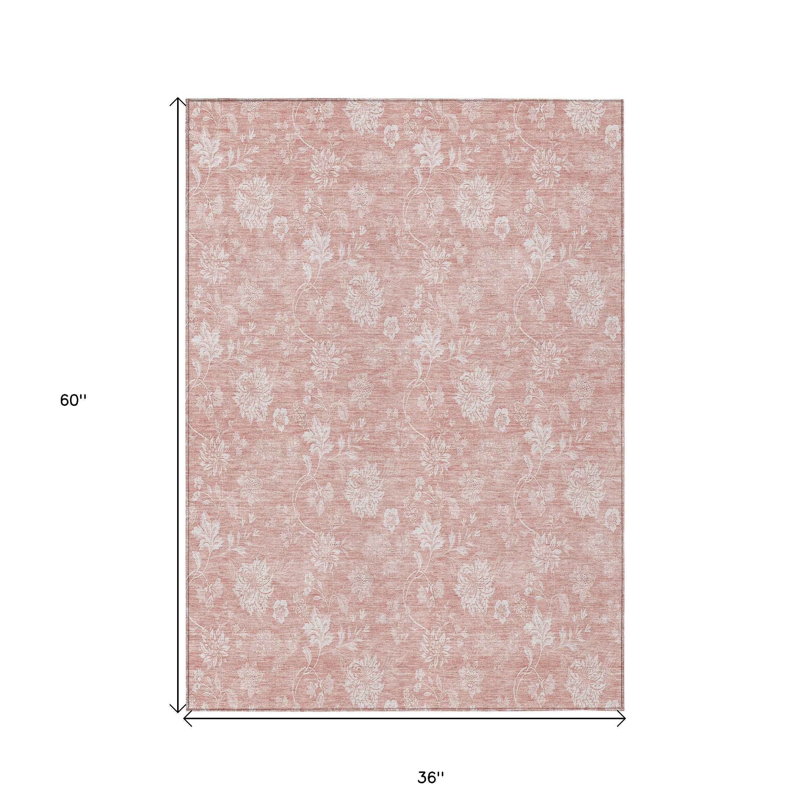 3' X 5' Pink Ivory And Blush Floral Washable Indoor Outdoor Area Rug