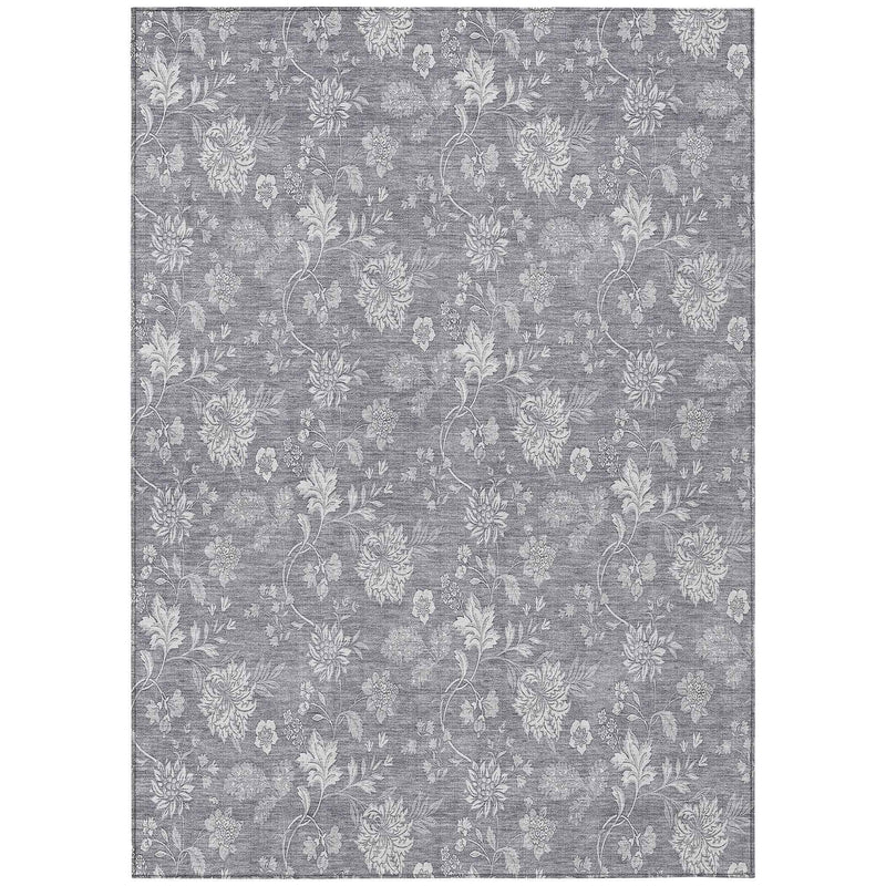 9' X 12' Gray Silver And Ivory Floral Washable Indoor Outdoor Area Rug
