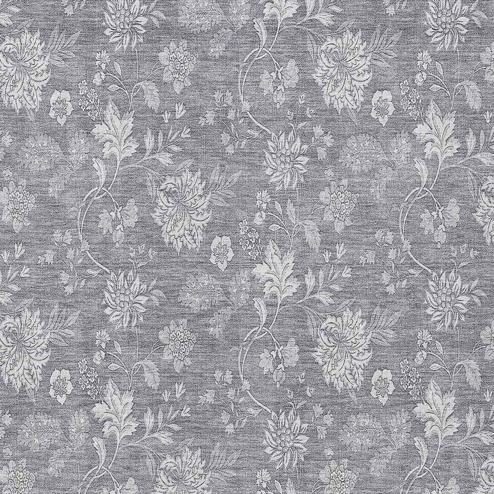 9' X 12' Gray Silver And Ivory Floral Washable Indoor Outdoor Area Rug