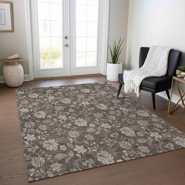 8' X 10' Chocolate Beige And Taupe Floral Washable Indoor Outdoor Area Rug