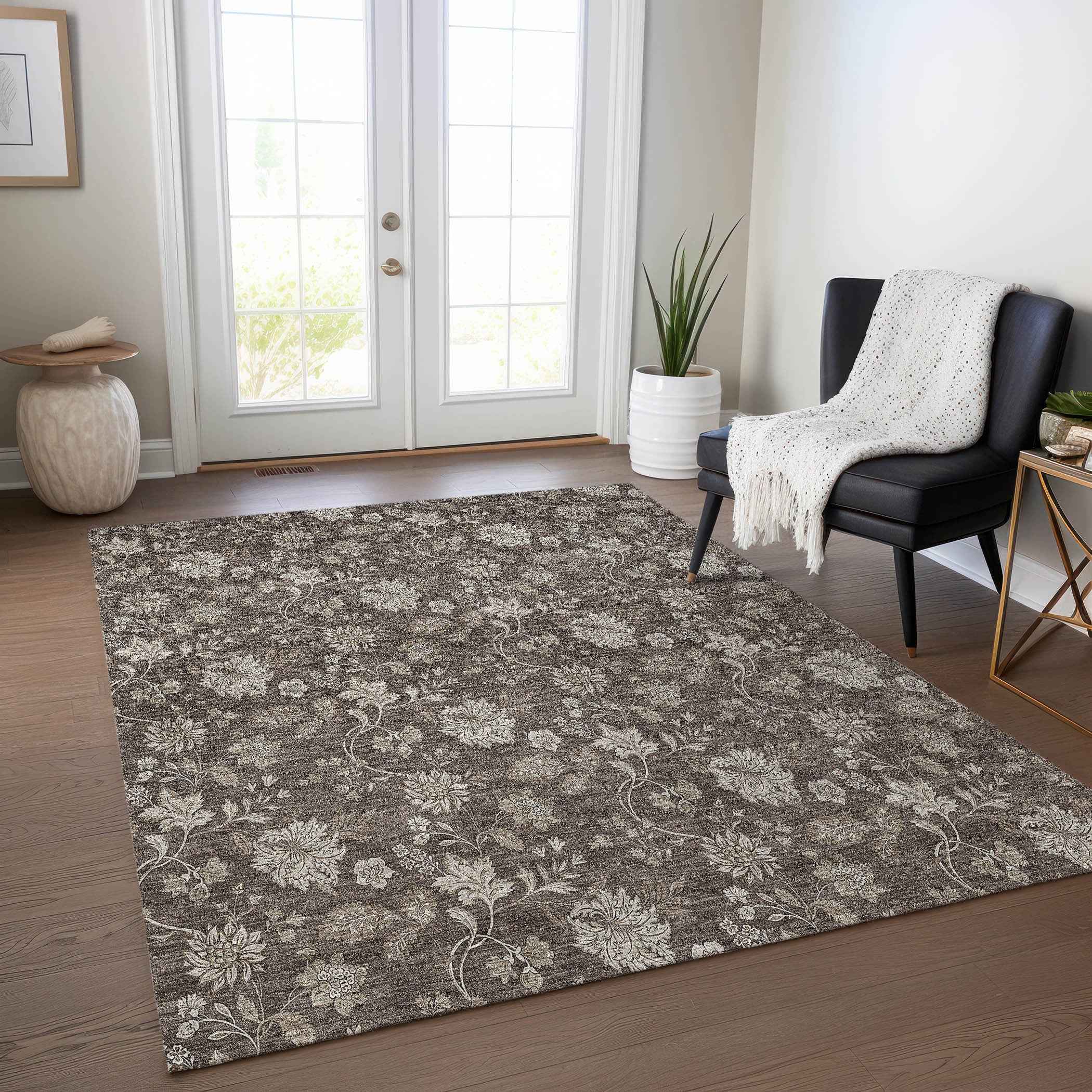 5' X 8' Chocolate Beige And Taupe Floral Washable Indoor Outdoor Area Rug
