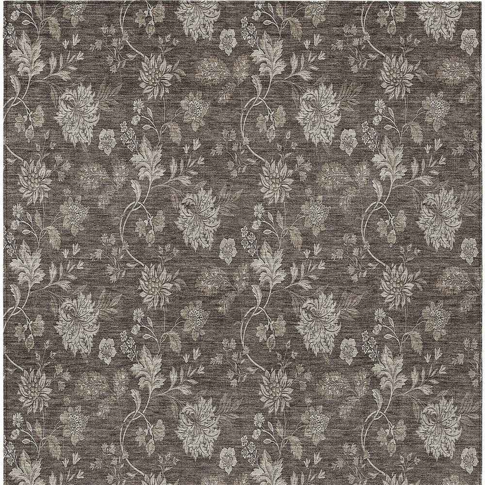 8' X 10' Chocolate Beige And Taupe Floral Washable Indoor Outdoor Area Rug