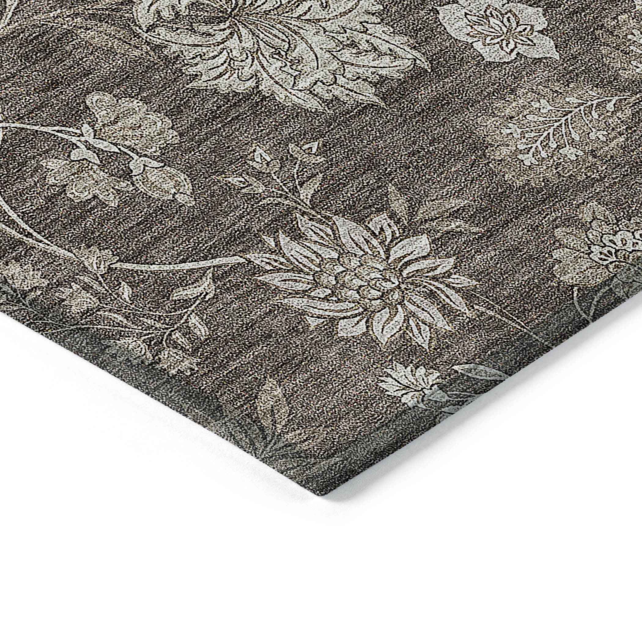 8' X 10' Chocolate Beige And Taupe Floral Washable Indoor Outdoor Area Rug