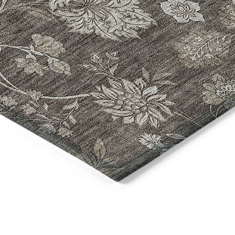 8' X 10' Chocolate Beige And Taupe Floral Washable Indoor Outdoor Area Rug
