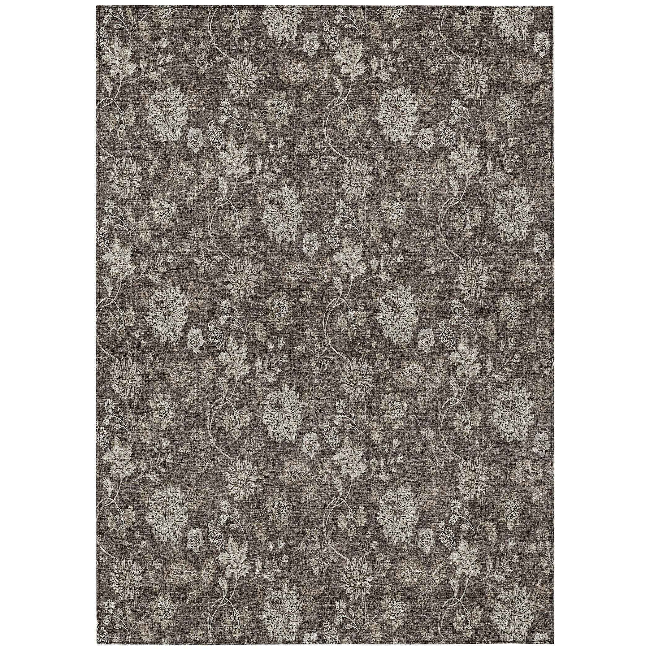 8' X 10' Chocolate Beige And Taupe Floral Washable Indoor Outdoor Area Rug