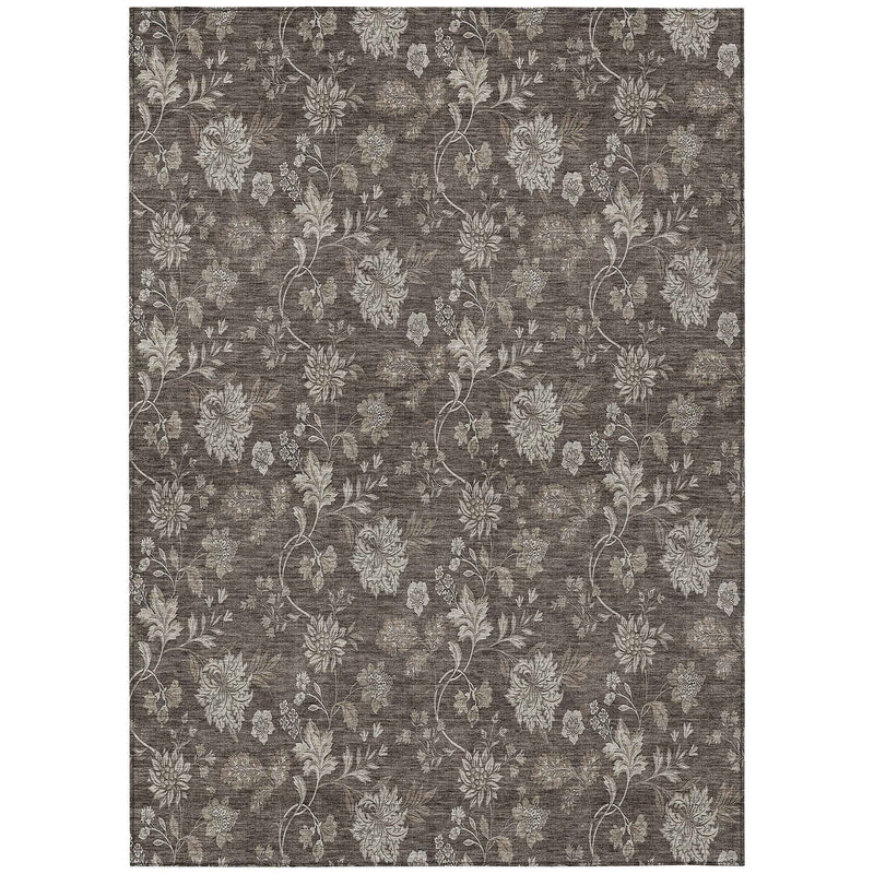 8' X 10' Chocolate Beige And Taupe Floral Washable Indoor Outdoor Area Rug