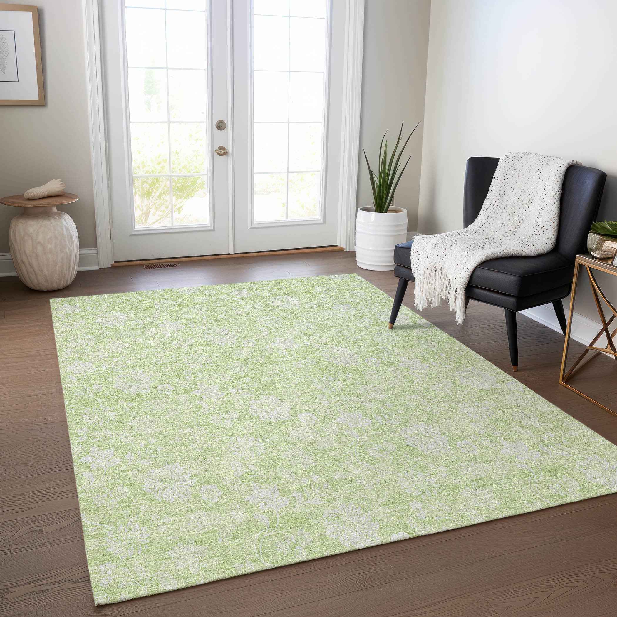 3' X 5' Artichoke Green Mint Green And Ivory Floral Washable Indoor Outdoor Area Rug