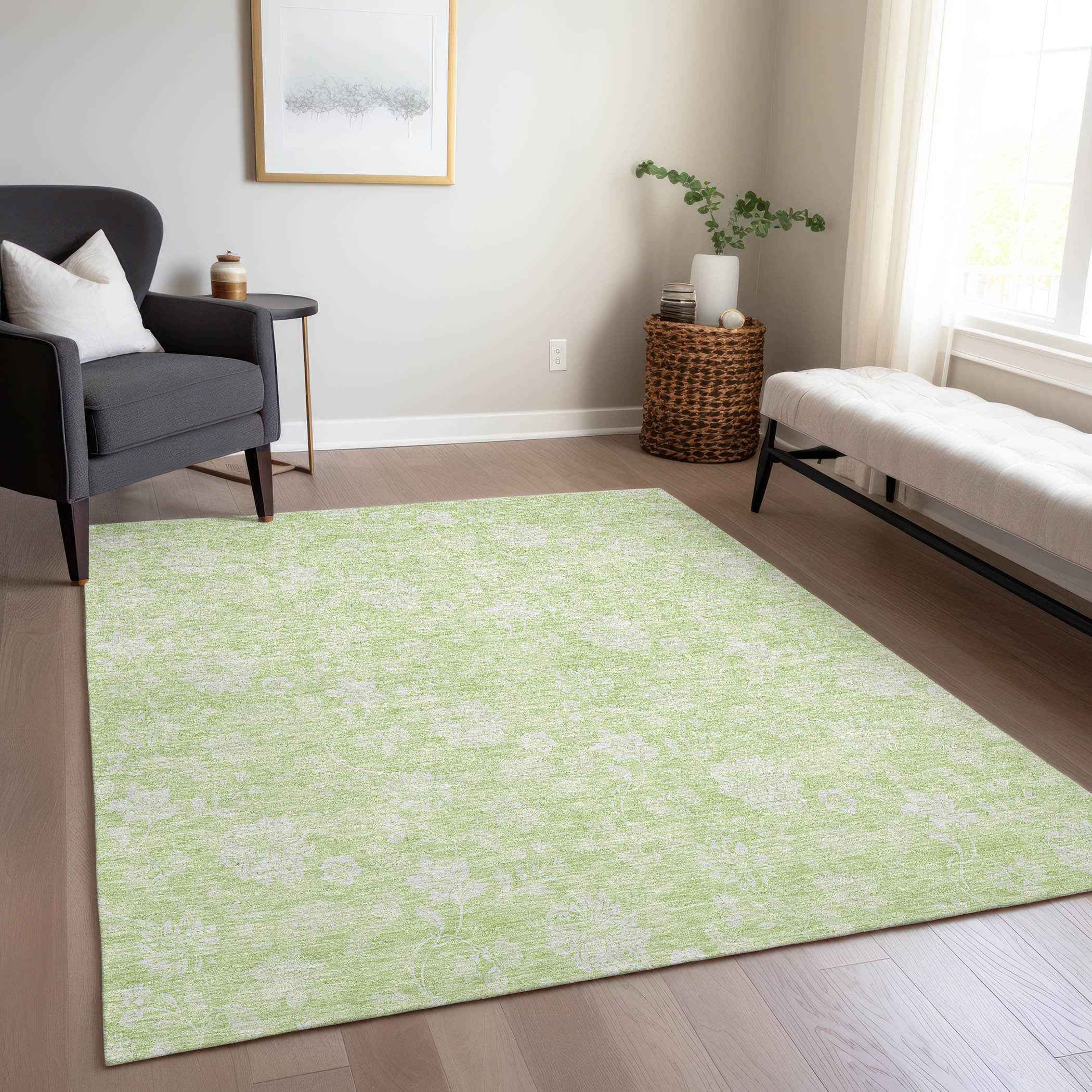 3' X 5' Artichoke Green Mint Green And Ivory Floral Washable Indoor Outdoor Area Rug