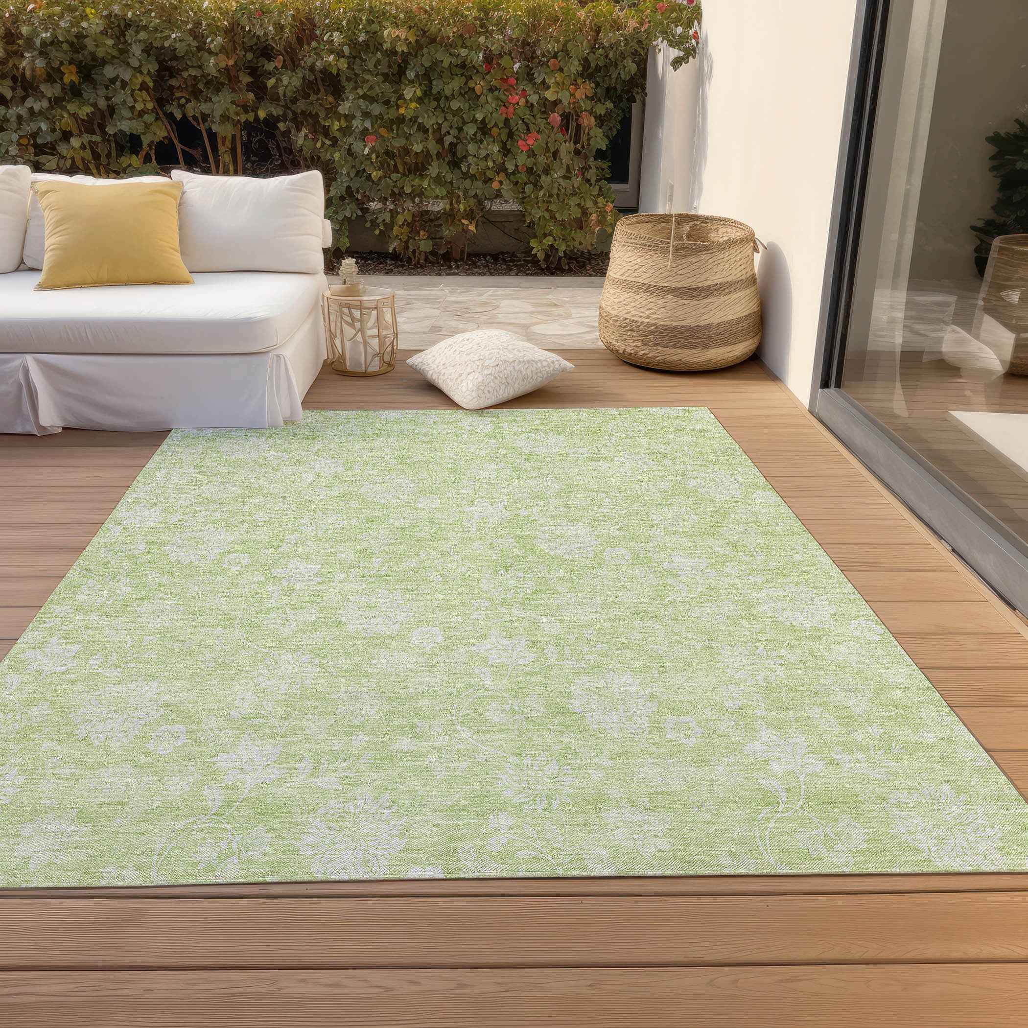 3' X 5' Artichoke Green Mint Green And Ivory Floral Washable Indoor Outdoor Area Rug