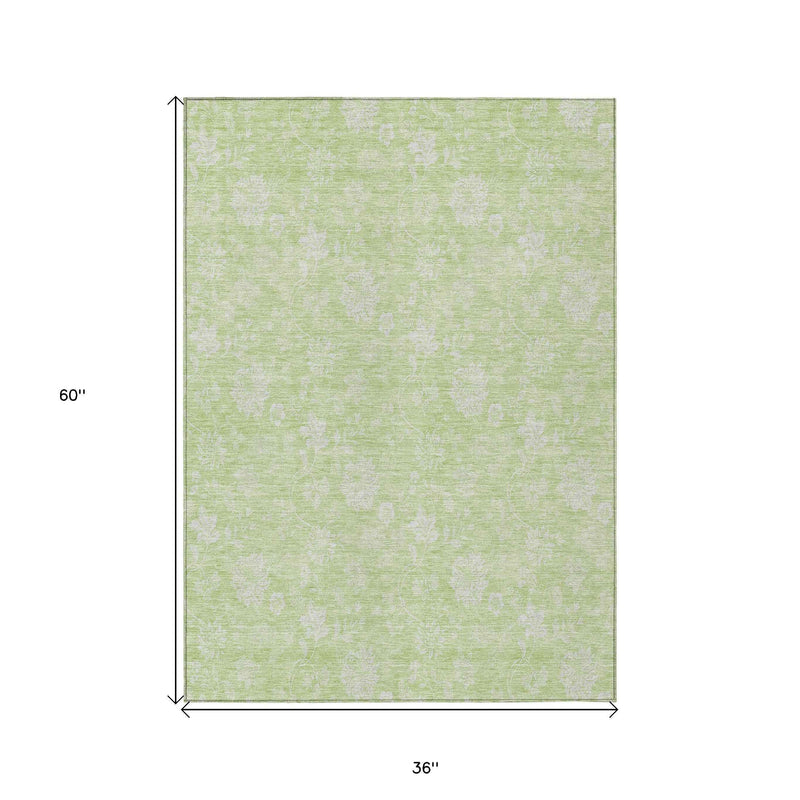3' X 5' Artichoke Green Mint Green And Ivory Floral Washable Indoor Outdoor Area Rug