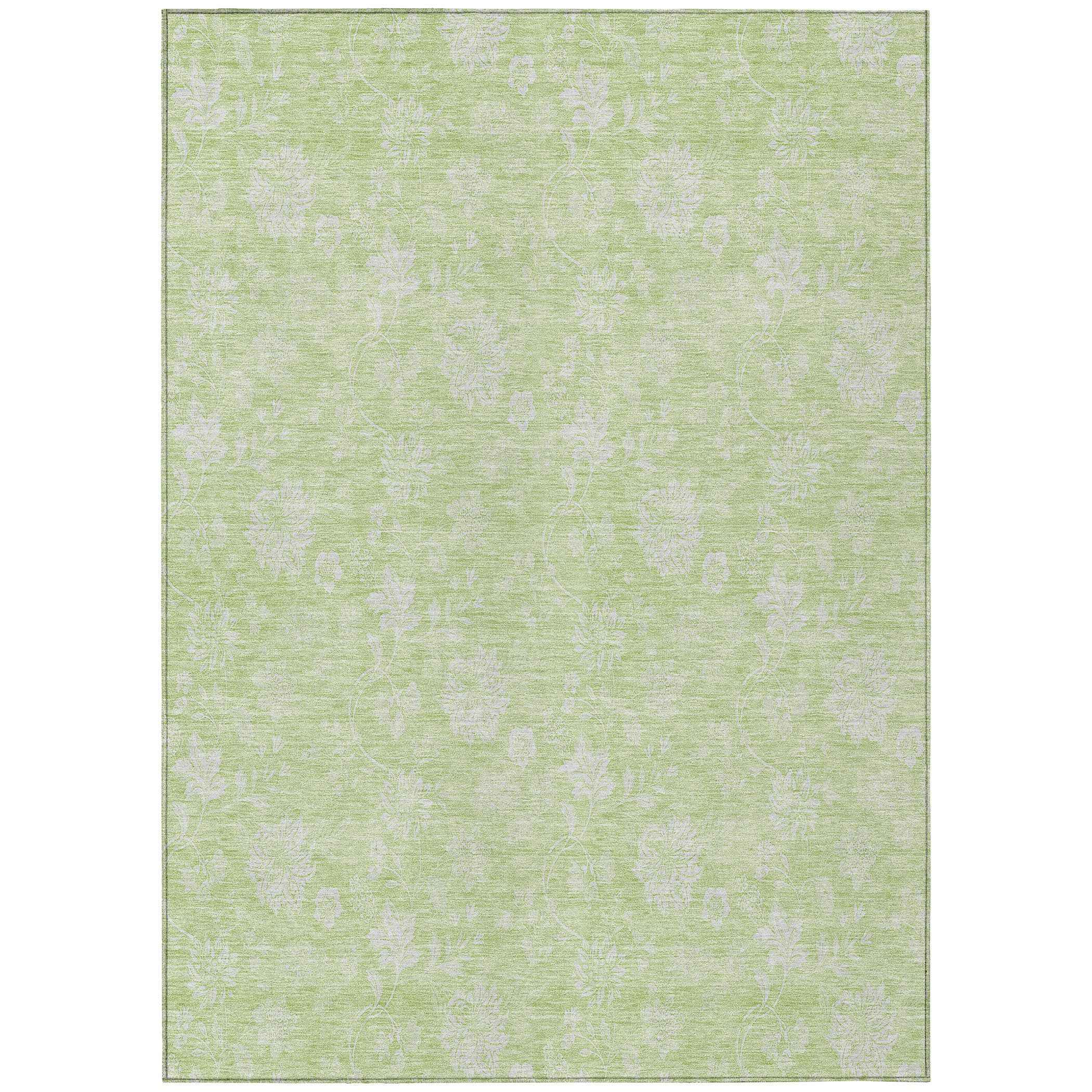 3' X 5' Artichoke Green Mint Green And Ivory Floral Washable Indoor Outdoor Area Rug