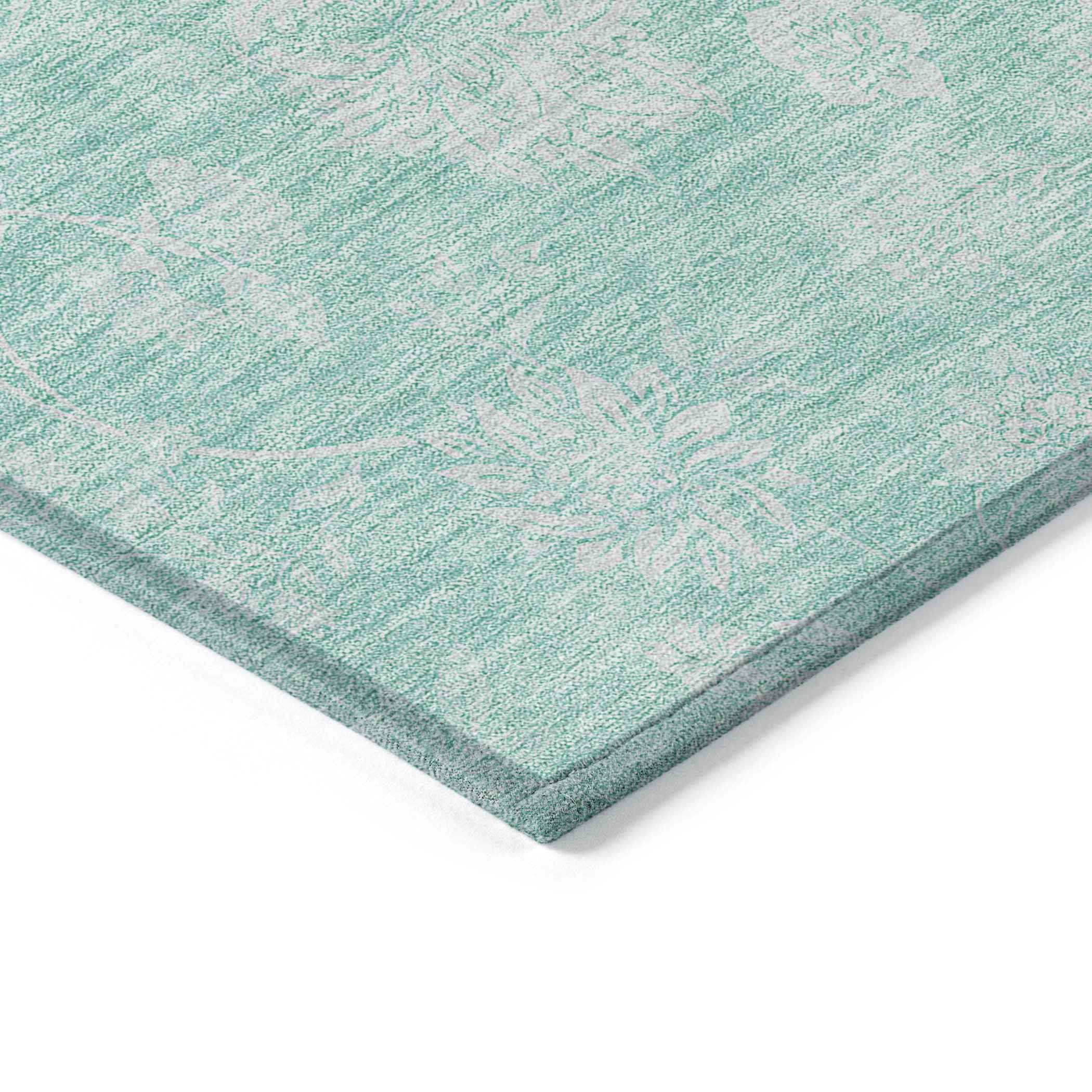 3' X 5' Aqua And Ivory Floral Washable Indoor Outdoor Area Rug