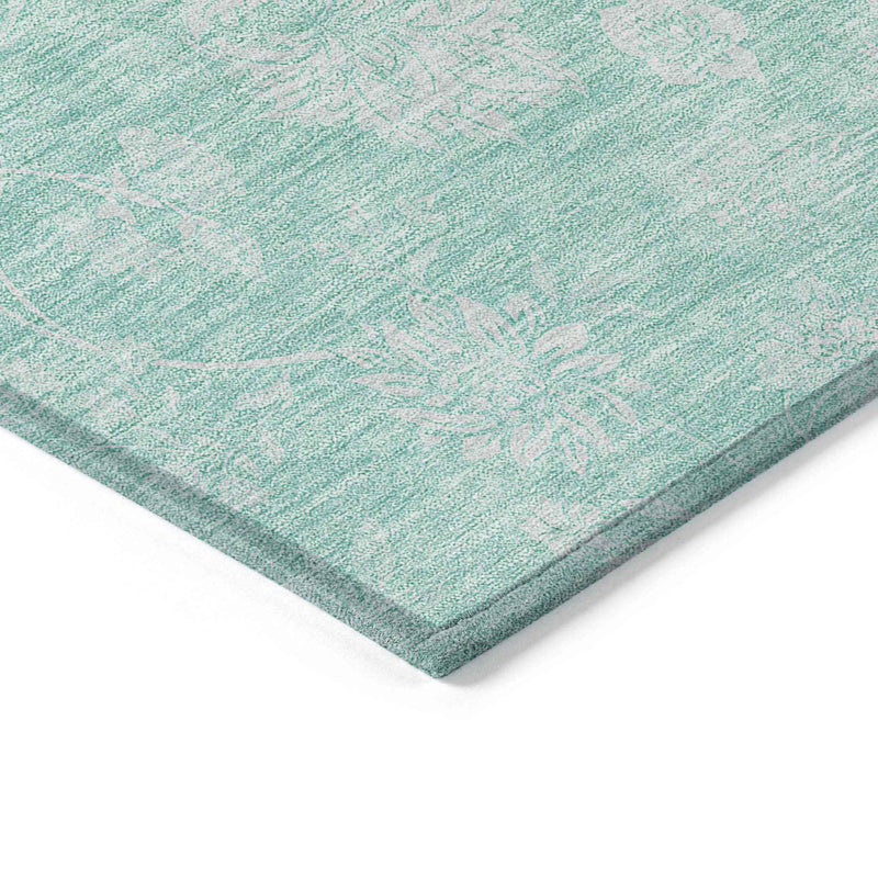 3' X 5' Aqua And Ivory Floral Washable Indoor Outdoor Area Rug