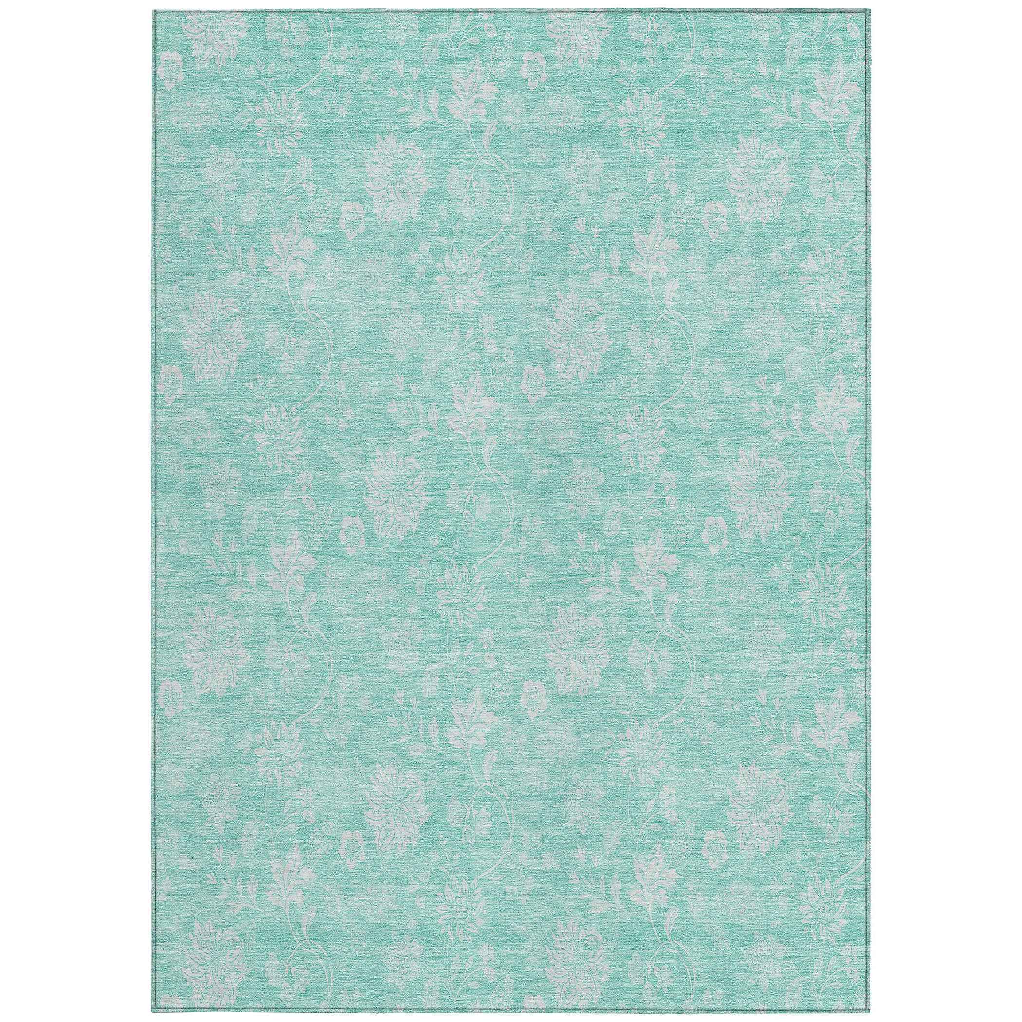 3' X 5' Aqua And Ivory Floral Washable Indoor Outdoor Area Rug