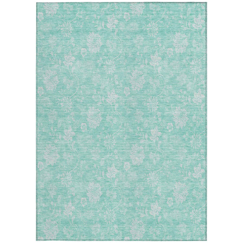 3' X 5' Aqua And Ivory Floral Washable Indoor Outdoor Area Rug