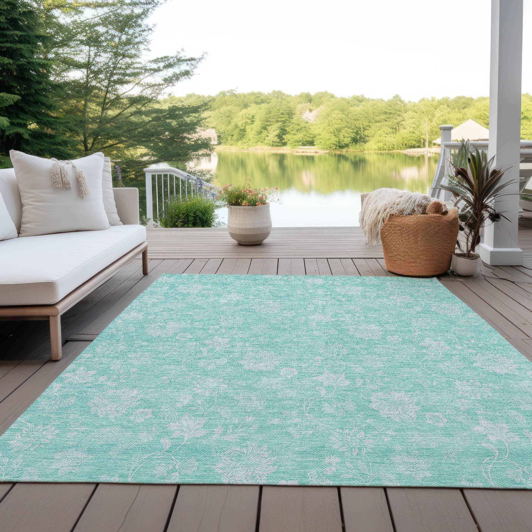 3' X 5' Aqua And Ivory Floral Washable Indoor Outdoor Area Rug