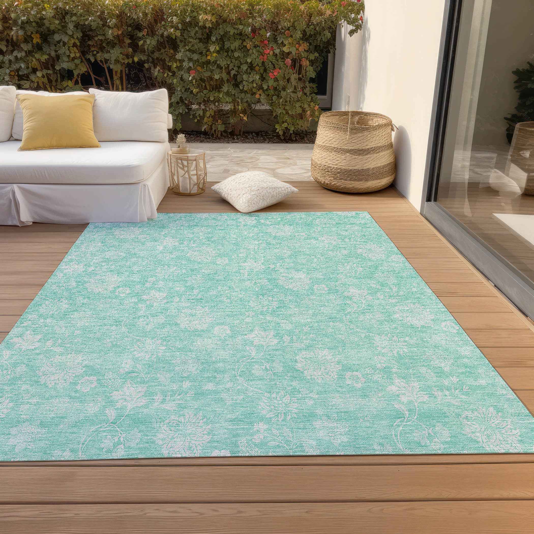 3' X 5' Aqua And Ivory Floral Washable Indoor Outdoor Area Rug