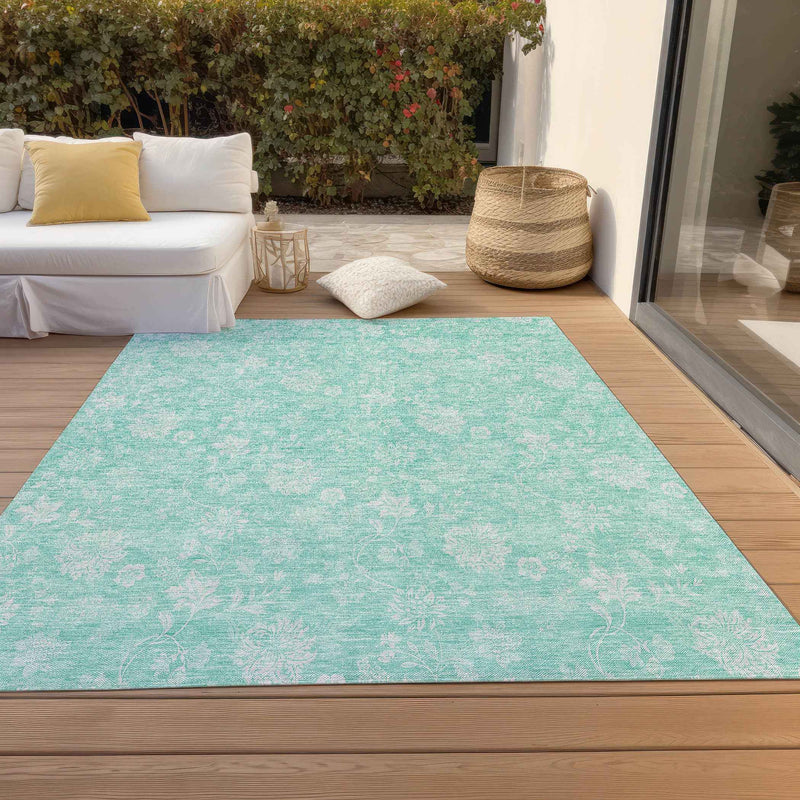 3' X 5' Aqua And Ivory Floral Washable Indoor Outdoor Area Rug