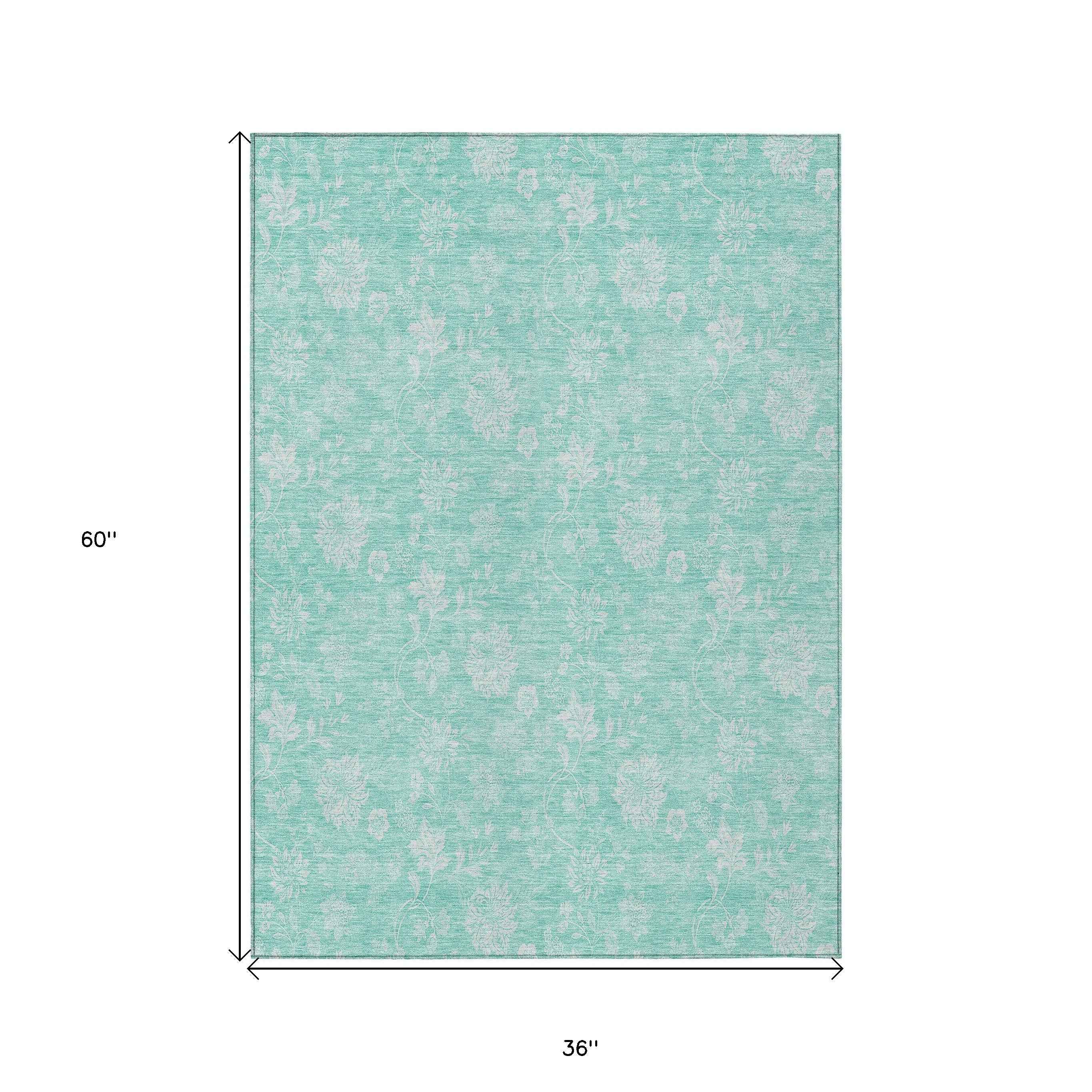 3' X 5' Aqua And Ivory Floral Washable Indoor Outdoor Area Rug