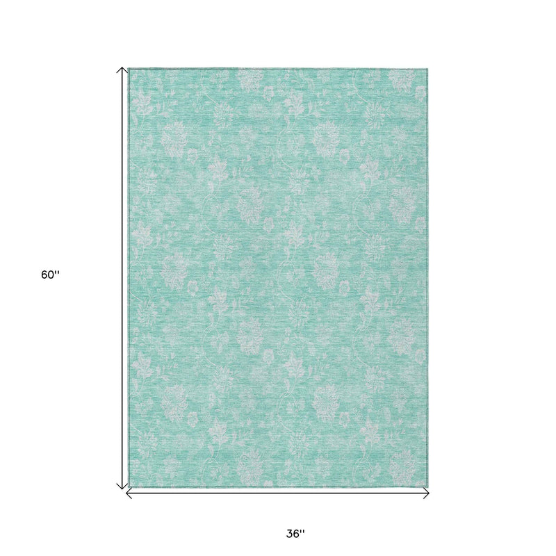 3' X 5' Aqua And Ivory Floral Washable Indoor Outdoor Area Rug