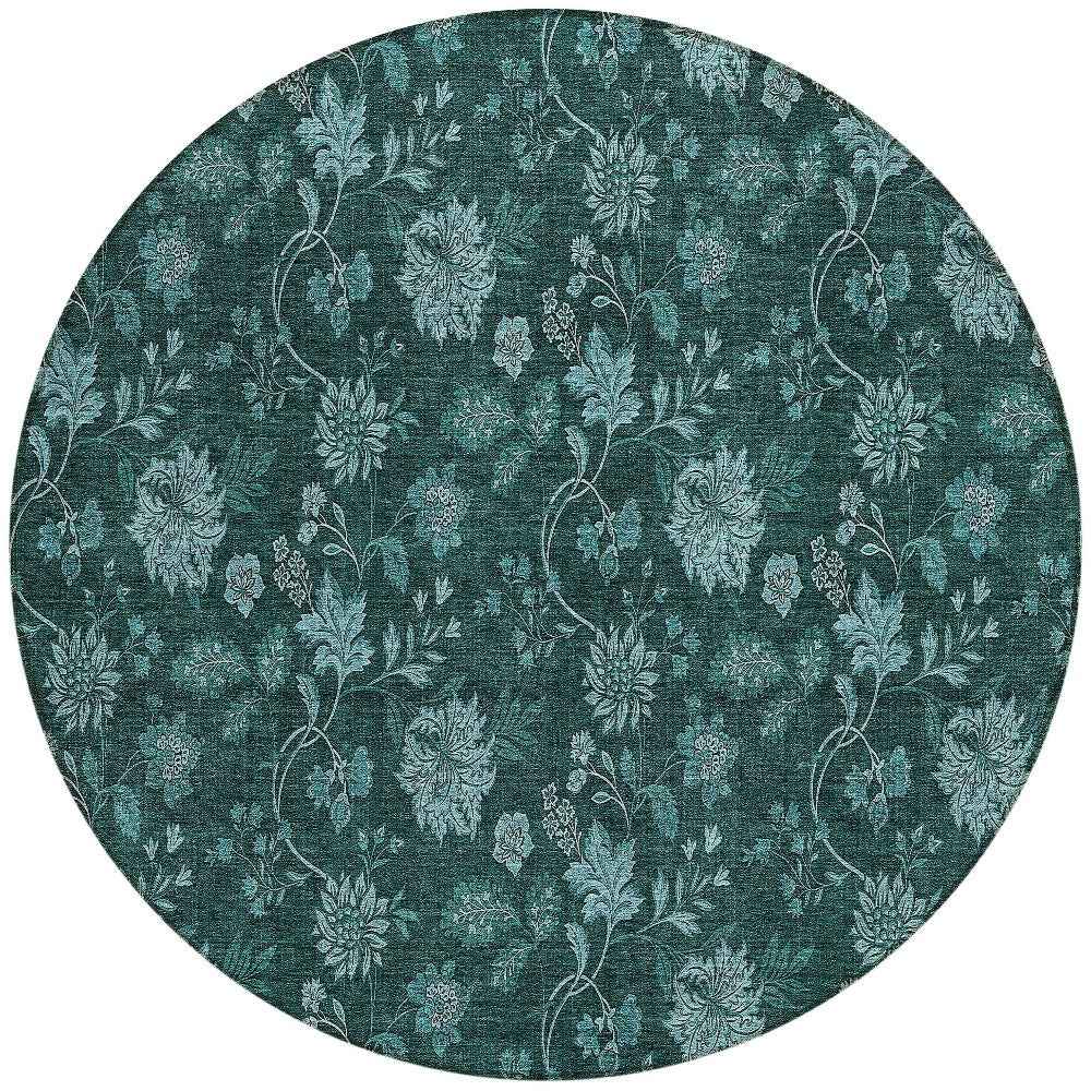 8' Teal Blue And Aqua Round Floral Washable Indoor Outdoor Area Rug