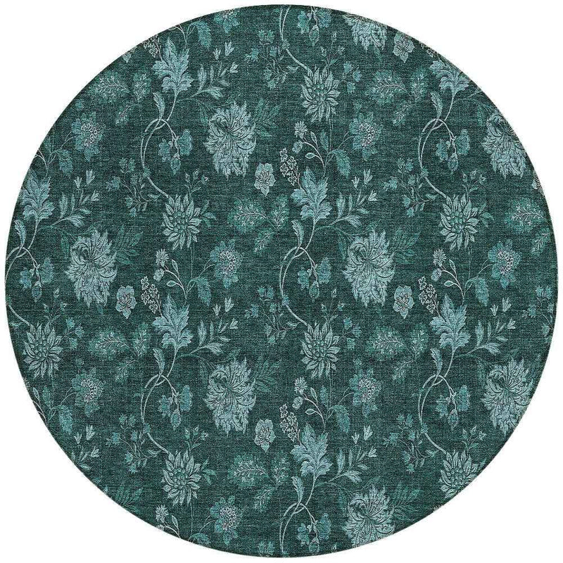 8' Teal Blue And Aqua Round Floral Washable Indoor Outdoor Area Rug