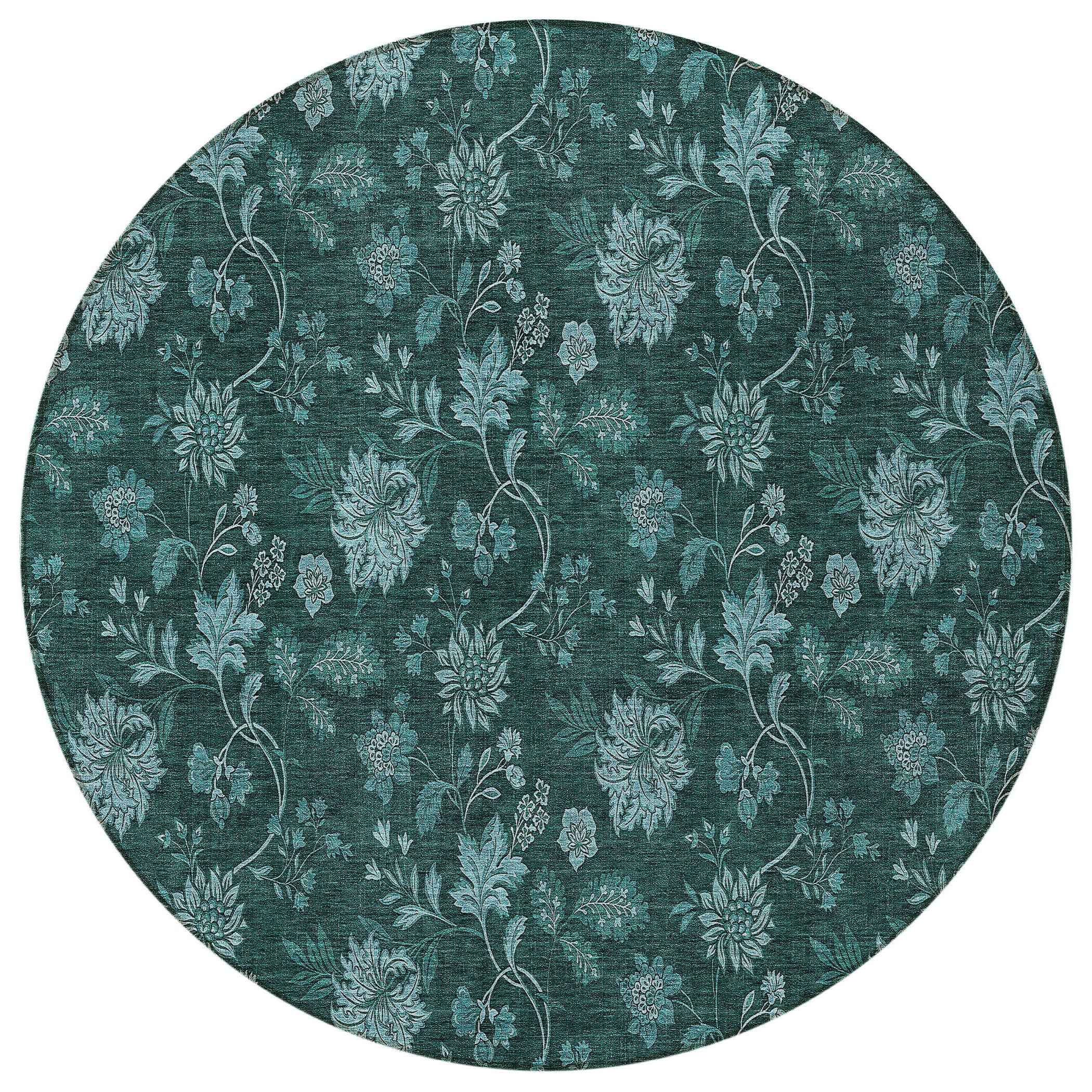 8' Teal Blue And Aqua Round Floral Washable Indoor Outdoor Area Rug