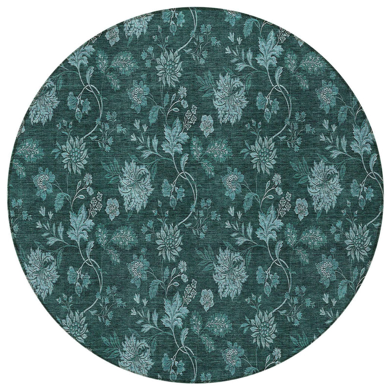 8' Teal Blue And Aqua Round Floral Washable Indoor Outdoor Area Rug