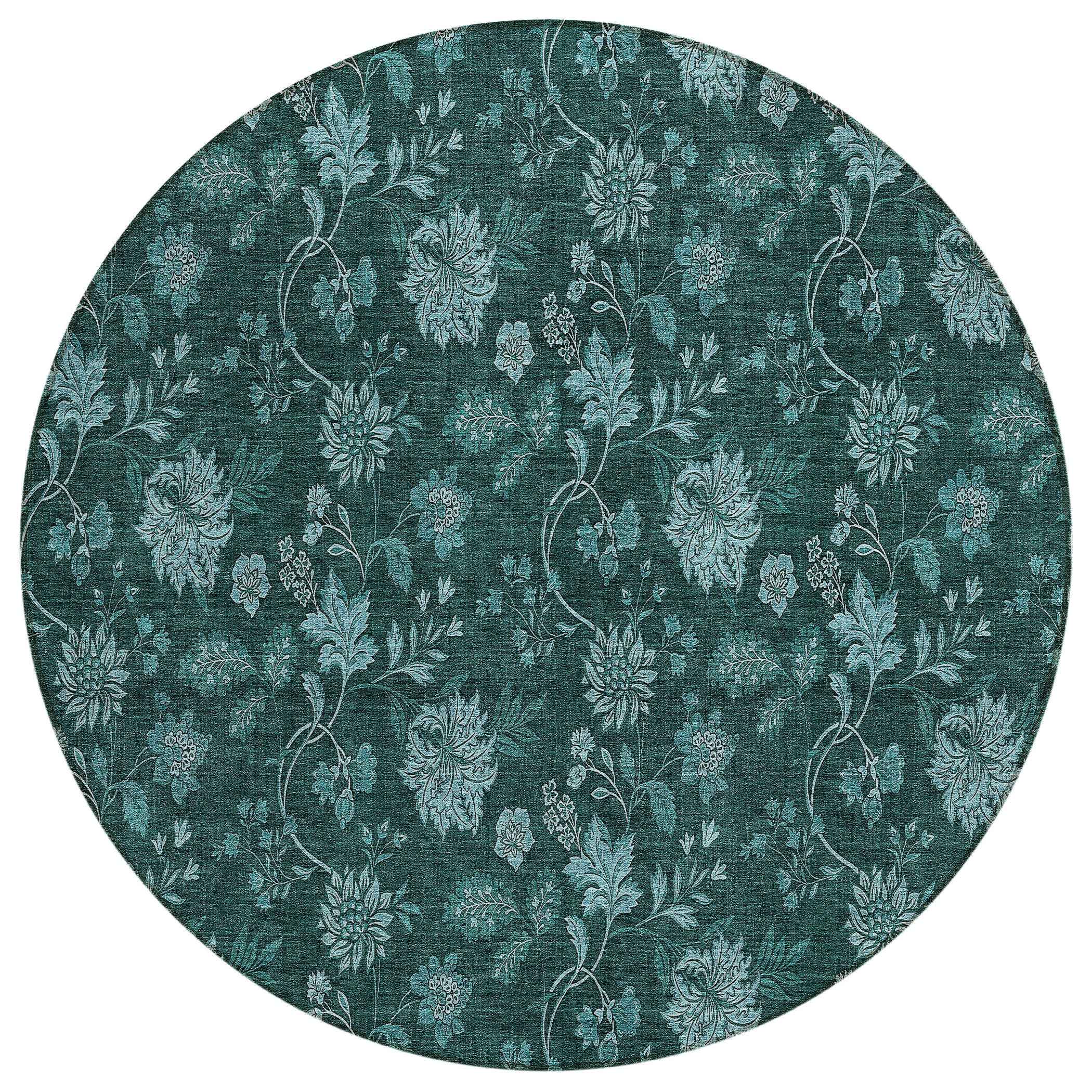8' Teal Blue And Aqua Round Floral Washable Indoor Outdoor Area Rug