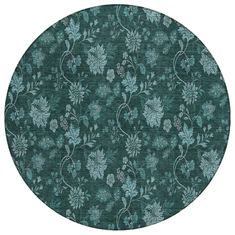 8' Teal Blue And Aqua Round Floral Washable Indoor Outdoor Area Rug