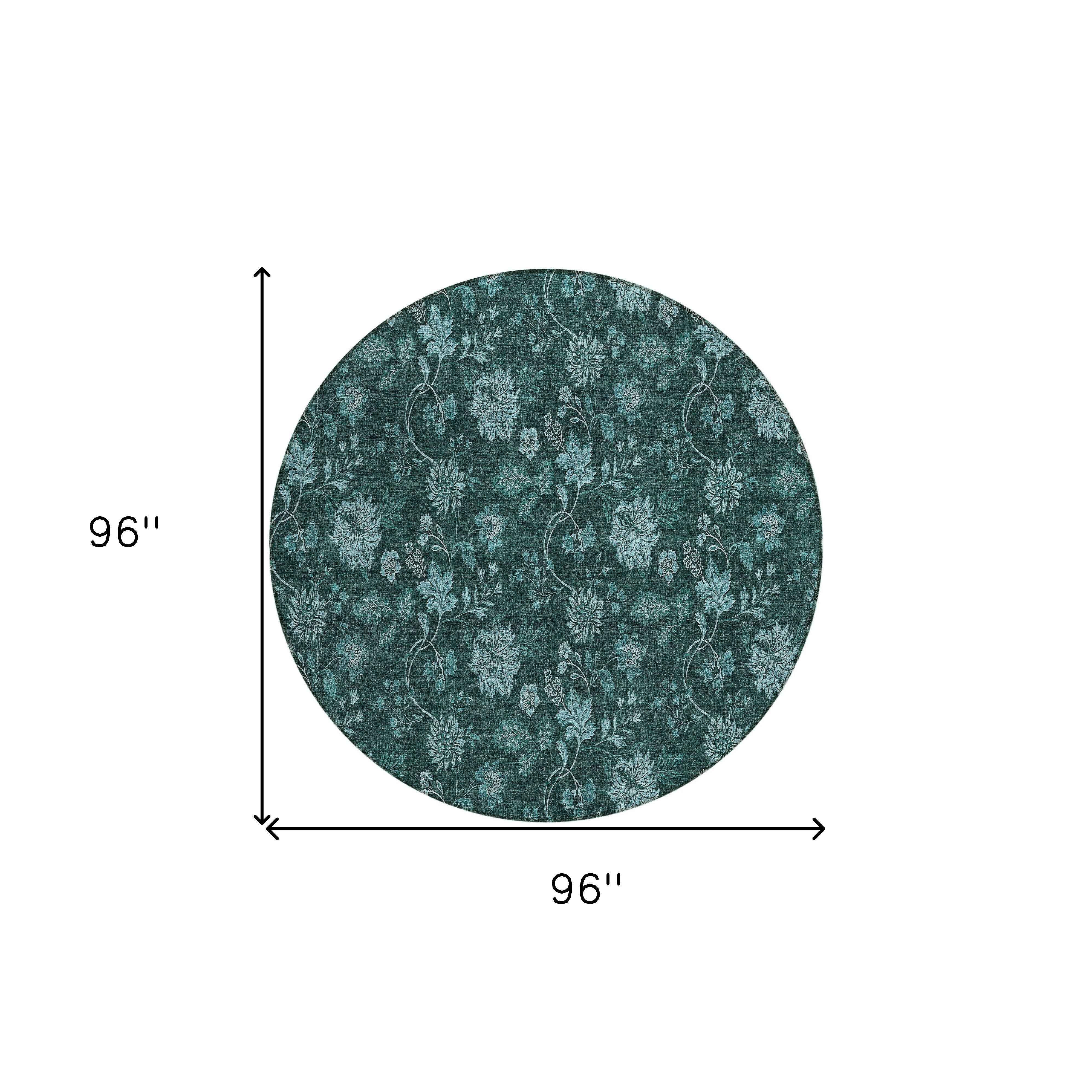 8' Teal Blue And Aqua Round Floral Washable Indoor Outdoor Area Rug