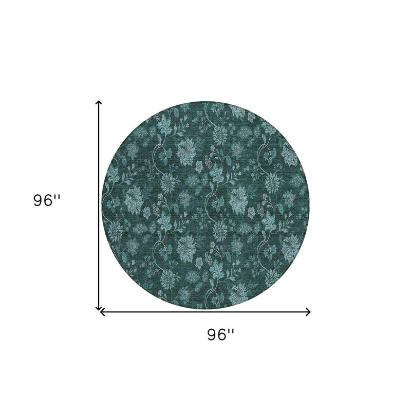 8' Teal Blue And Aqua Round Floral Washable Indoor Outdoor Area Rug