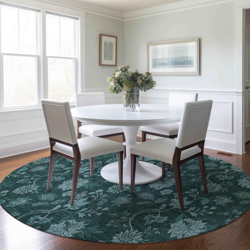 8' Teal Blue And Aqua Round Floral Washable Indoor Outdoor Area Rug