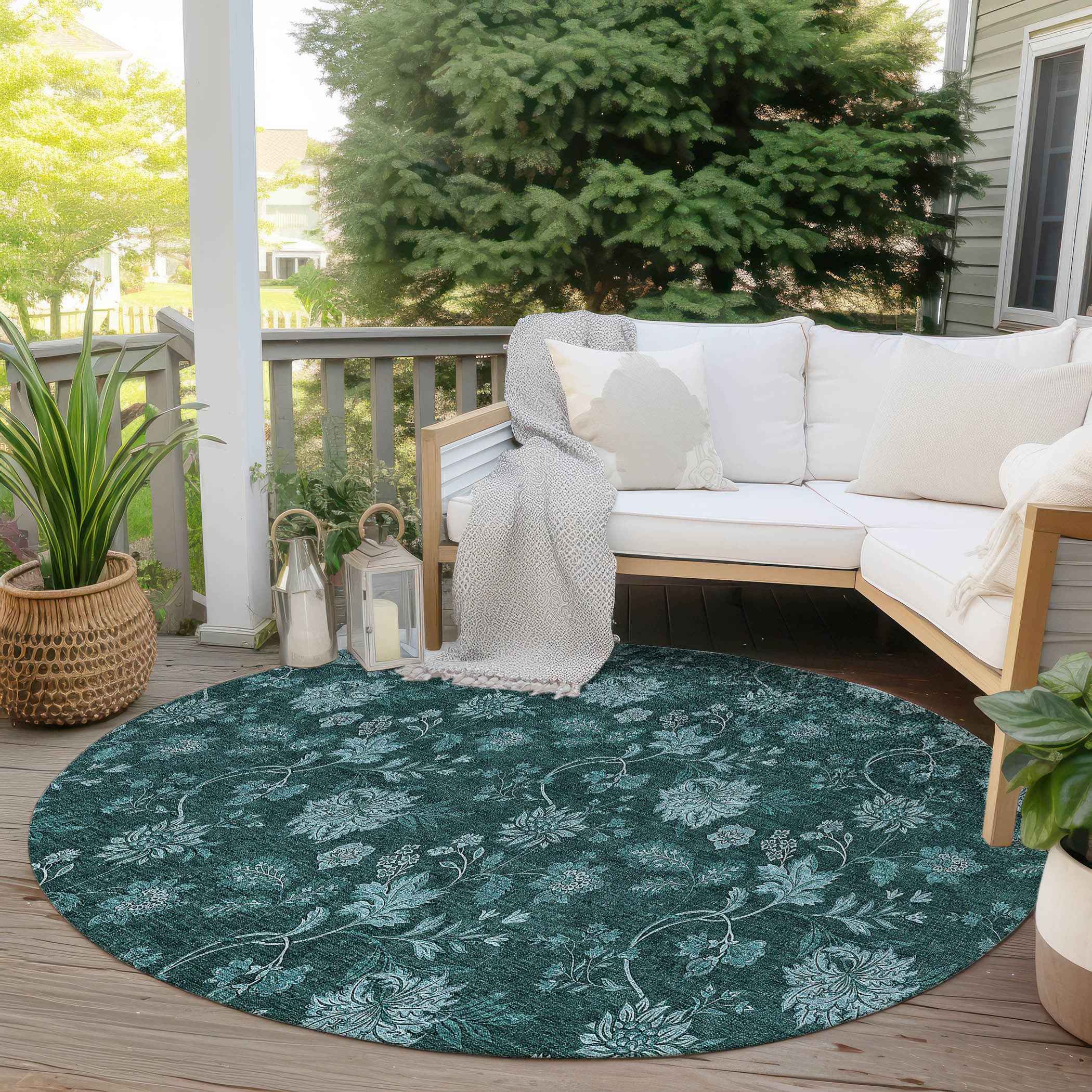 8' Teal Blue And Aqua Round Floral Washable Indoor Outdoor Area Rug