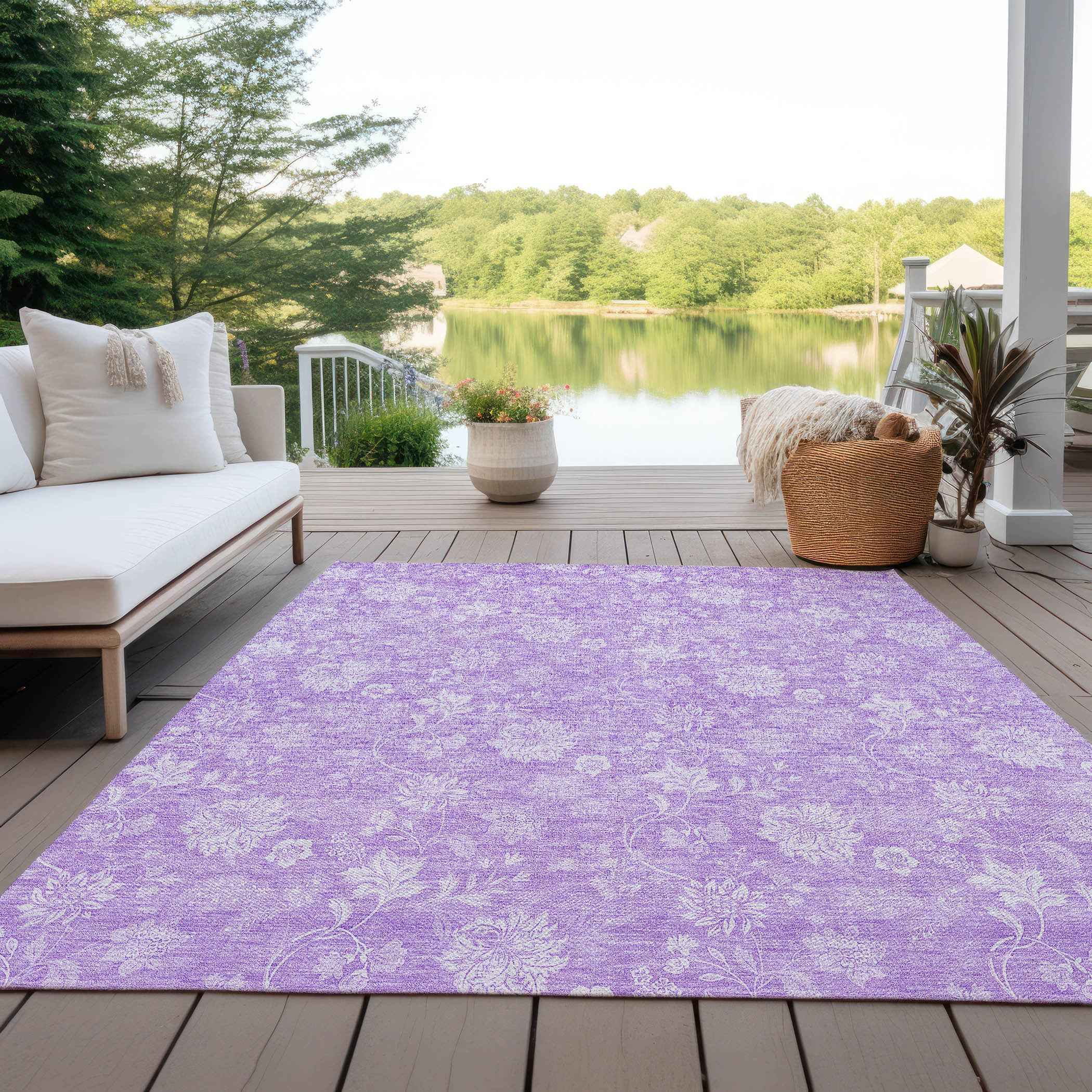 9' X 12' Lavender And Lilac Floral Washable Indoor Outdoor Area Rug