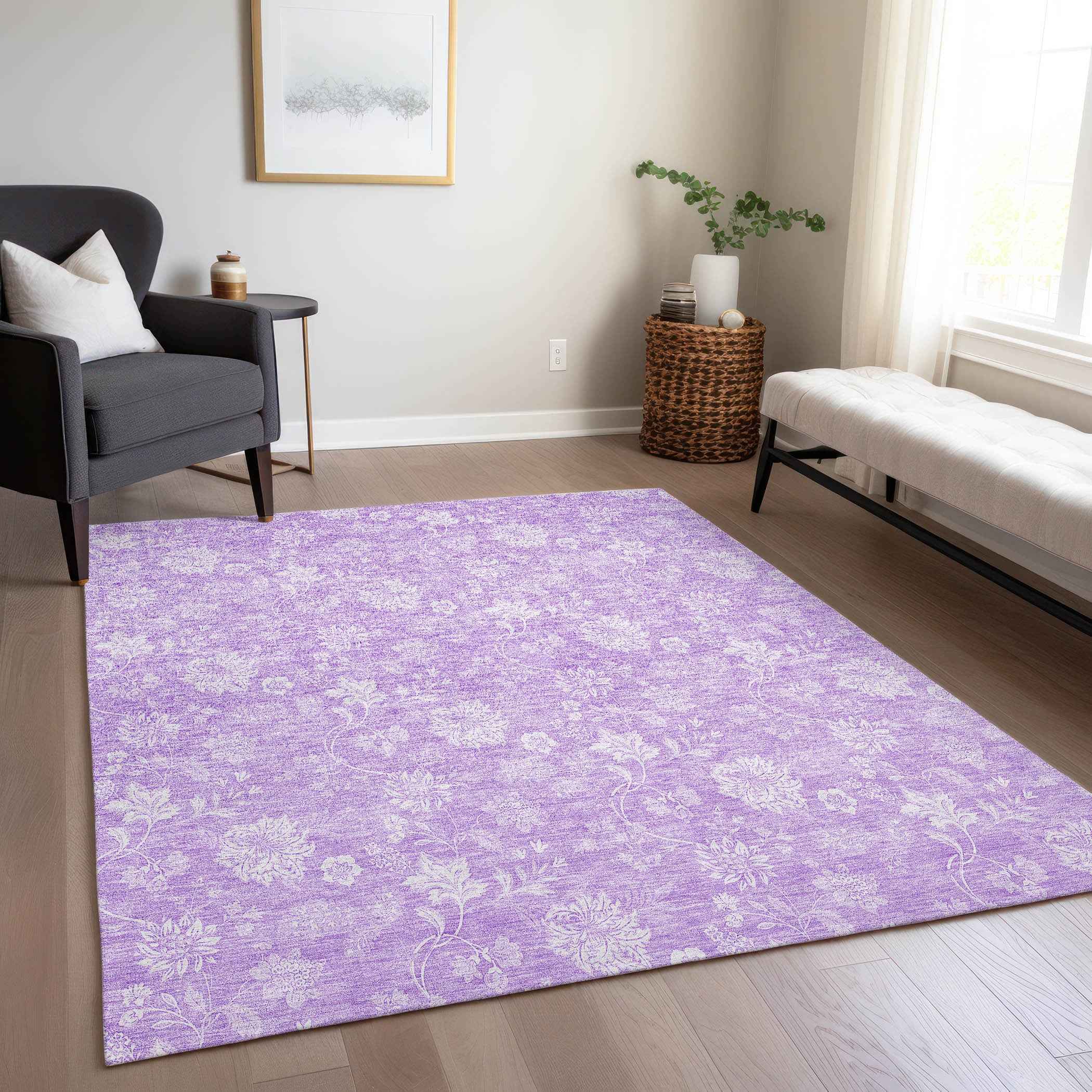9' X 12' Lavender And Lilac Floral Washable Indoor Outdoor Area Rug
