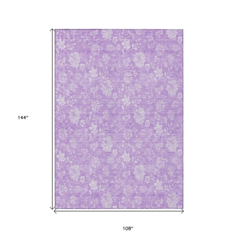 9' X 12' Lavender And Lilac Floral Washable Indoor Outdoor Area Rug