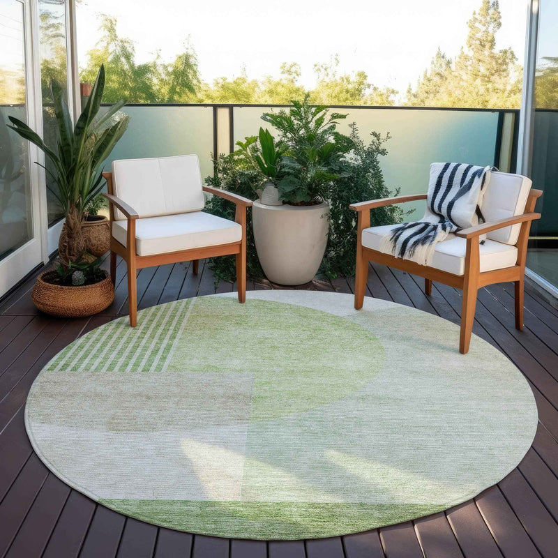 8' Olive Green And Artichoke Green Round Geometric Washable Indoor Outdoor Area Rug