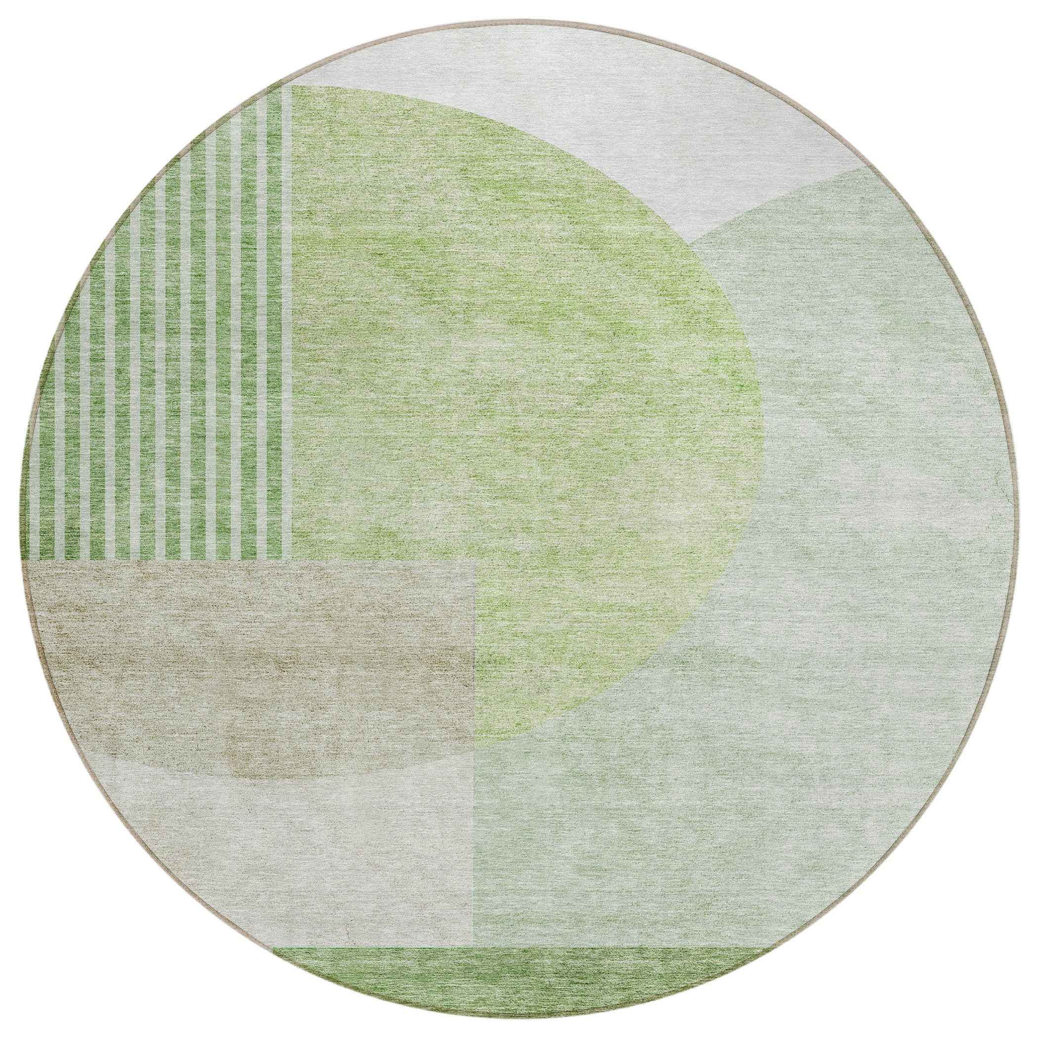 8' Olive Green And Artichoke Green Round Geometric Washable Indoor Outdoor Area Rug