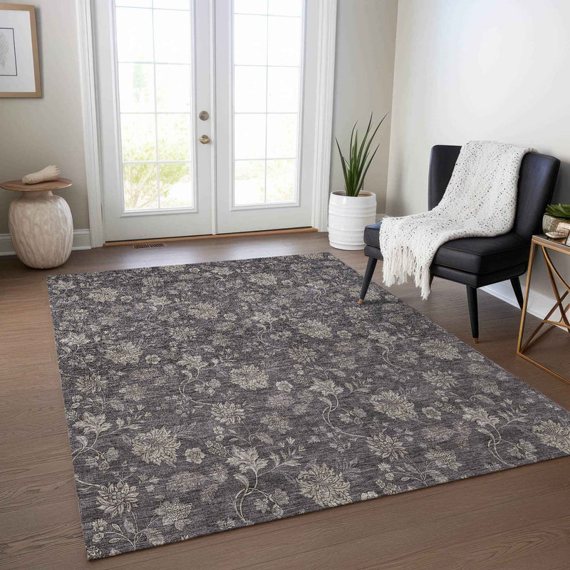 3' X 5' Taupe And Beige Floral Washable Indoor Outdoor Area Rug